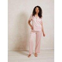 Chelsea Peers Long Button Up Pyjama Set In Satin With Lace Trim - Pink