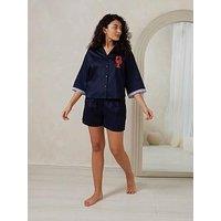 Chelsea Peers Short Button Up Pyjama Set With Lobster Embroidery - Navy