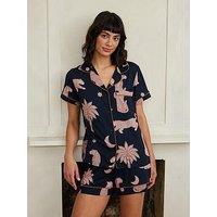 Chelsea Peers Short Sleeve Revere And Short Pyjama Set - Abstract Shapes Leopards - Navy