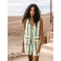 Chelsea Peers Tie Front Top With Front Pockets And Scallop Shorts - Stripe