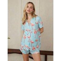 Chelsea Peers Maternity V Neck Button Up Short Pyjama Set - Flamingo Print