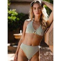 Chelsea Peers Stripe Halter Neck Bikini Top In Rib Fabric With Metal Detailing - Soft Green & Off White