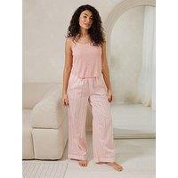 Chelsea Peers Scoop Neck Strappy Cami Top And Wide Leg Bottoms In Pointelle And Woven Cotton - Pink Stripe