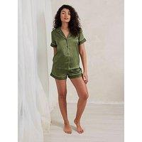 Chelsea Peers Satin Lace Trim Short Pyjama Set - Forest Green