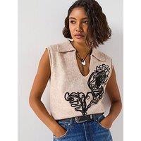 V By Very Collared Neck Embroidered Vest - Natural