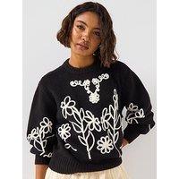 V By Very Flower Embroidered Jumper - Black