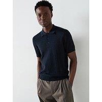 Mango Muga Essentials Textured Short Sleeve Cable Knitted Polo Shirt - Dark Blue