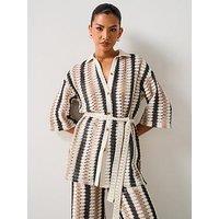 V By Very Longline Stripe Tie Waist Crochet Co-Ord Shirt - Cream/Stripe
