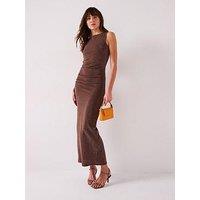 V By Very Slash Neck Lurex Column Dress - Brown