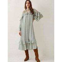 Monsoon Embellished Detailing Ruffle Spot Midi Dress - Green
