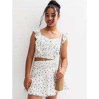 New Look 915 Girls Ditsy Print Broderie Embroidered Flutter Sleeve Top - White