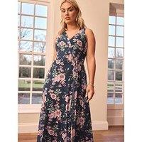 Yours V Neck Floral Mesh Drape Maxi Dress - Black