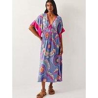 Monsoon Monika Short Sleeve Floral Print Midi Dress - Blue