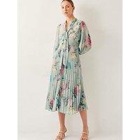 Monsoon Agnes Floral Tie Neck Pleated Midi Dress - Sage