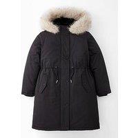 V By Very Girls Tie Waist Parka Shower Resistant Coat - Black