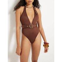 River Island Plunge Buckle Scuba Swimsuit - Dark Brown