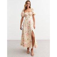 New Look Off White Floral Print Puff Sleeve Midi Dress - Cream