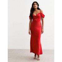 New Look Red Satin Bardot Midi Dress