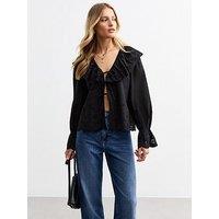 New Look Benny Broderie Frill Tie Long Sleeve Blouse - Black