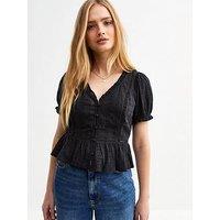 New Look Black Broderie Anglaise Trim Oversized Collar Top