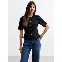 New Look Hammered Button Short Sleeve Top - Black