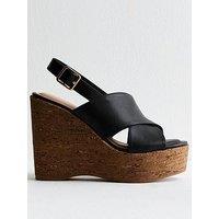 New Look Faux Leather Cork Wedge Sandals - Black
