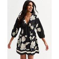 New Look Black Floral Print Mini Smock Dress