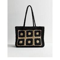New Look Faro Flower Raffia Tote - Black