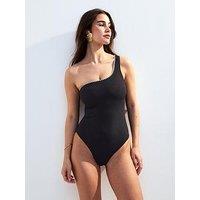 New Look Blanket Stitch One Shoulder Swimsuit - Black