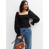 New Look Shirred Long Sleeve Milkmaid Top - Black