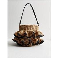 New Look Reba Ruffle Raffia Bucket Bag - Stone