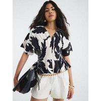 River Island Short Sleeve Poplin Shirred Top - Black