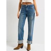 Jdy Mid Waist Fold Up Straight Jean - Blue