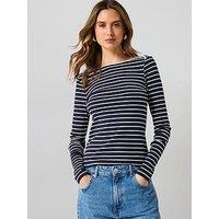 Mango Striped Boat Neck T Shirt - Navy