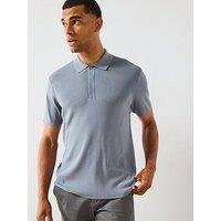 Very Man Knitted Rib Short Sleeve Polo Top - Light Blue