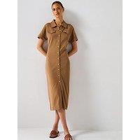 Tommy Hilfiger Short Sleeve Gold Button Midi Shirt Dress - Brown