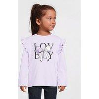 Mini V By Very Girls Foil Bow Print Long Sleeve Frill Shoulder Tshirt - Purple