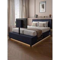 Xr Living Maisie Upholstered Side Lift Ottoman Double Tv Bed With Underbed Lighting - Fits Up To 55 Inch Tv - Navy
