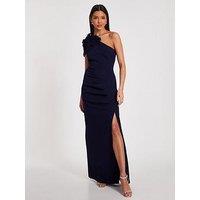 Quiz Navy One Shoulder Ruffle Maxi Dress