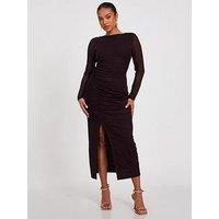 Quiz Petite Brown Mesh Long Sleeve Midaxi Dress