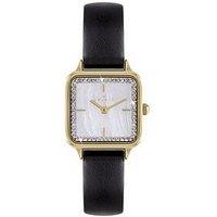 Spirit Ladies Gold Plated Square Mother Of Pearl Black Leather Strap Watch