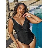 Yours Blanket Stitch Plunge Swimsuit - Black
