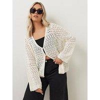 Yours Curve Button Thru Crochet Cardigan - Ivory
