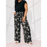 Yours Curve Jersey Print Wide Leg Trouser - Black