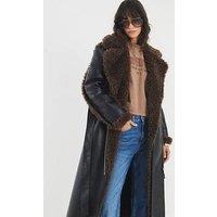 River Island Shearling Belted Trench - Black