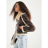 River Island Seam Detail Shearling Jacket - Dark Brown
