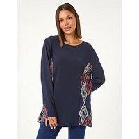 Roman Side Printed Stretch Tunic Top - Midnight Blue