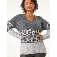 Roman Petite Animal Colourblock Stretch Jumper - Grey