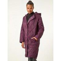 Roman Iridescent Diamond Quilted Hooded Coat - Purple