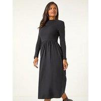 Roman Cotton Stretch Jersey Mix Midi Dress - Black